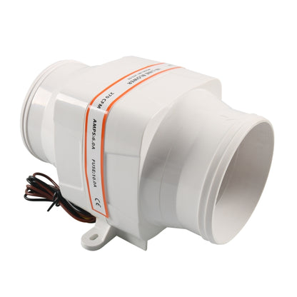White 4-inch 12V yacht exhaust fan with protective grille and wiring leads