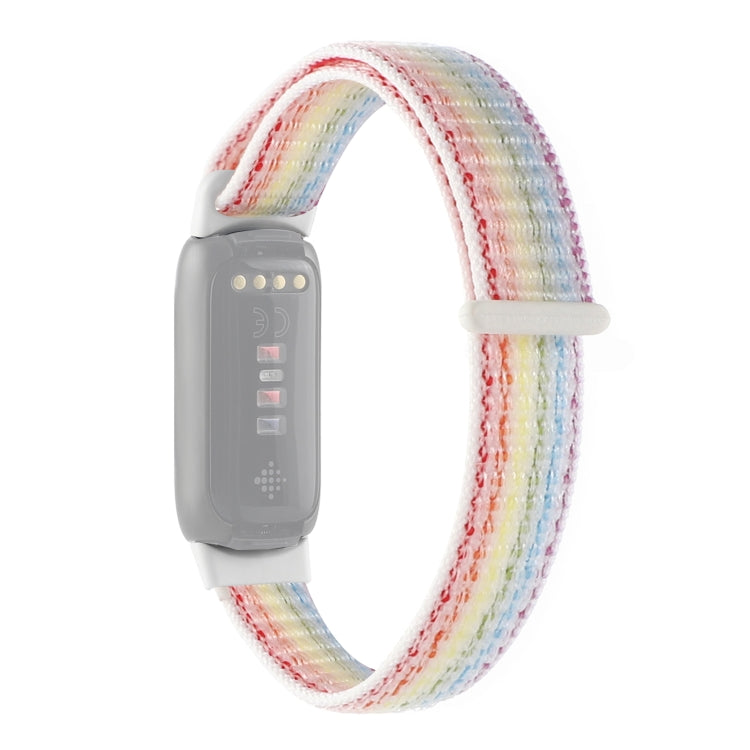 Rainbow nylon loop watchband with white clasp for Fitbit Luxe
