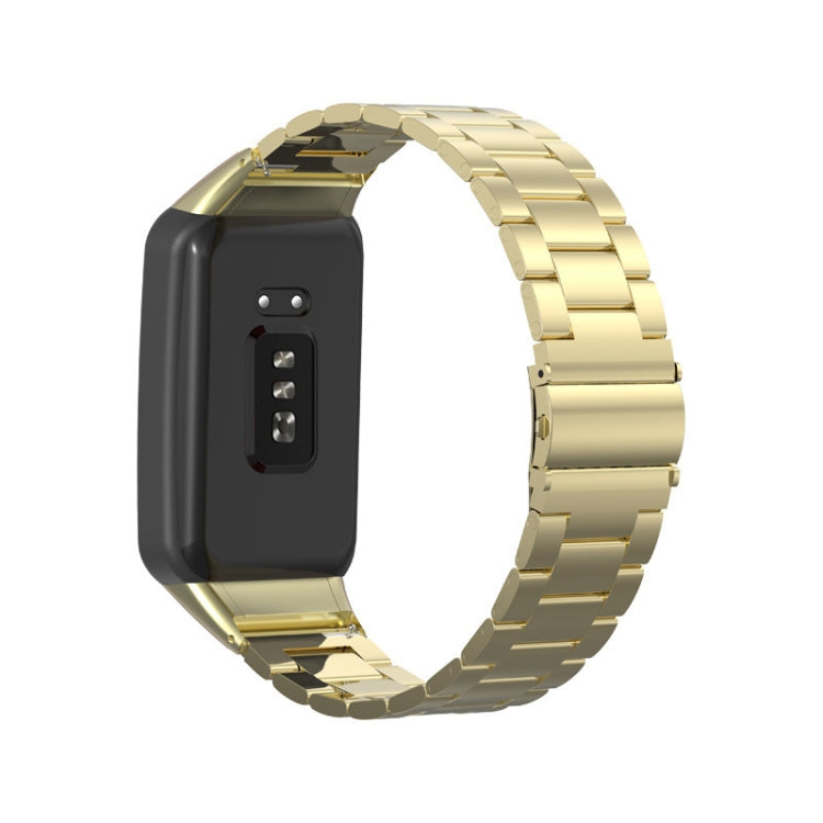 Gold stainless steel three-bead watchband on black smartwatch case, front view