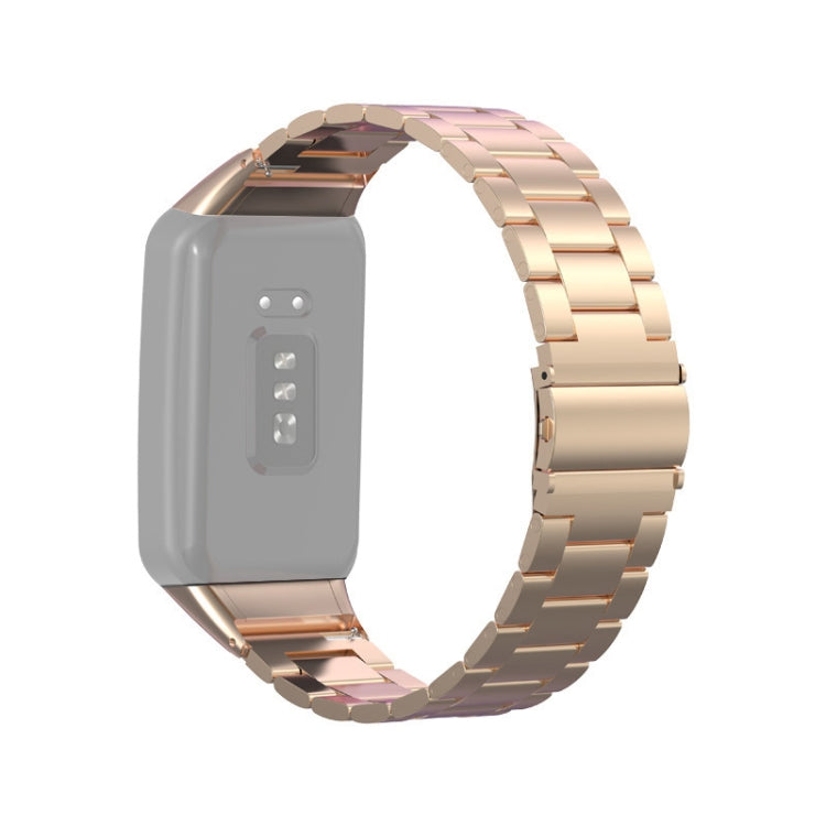 Rose gold stainless steel three-bead watchband on gray smartwatch case, metal links