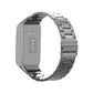 Silver stainless steel three-bead watchband on gray smartwatch case, shiny metal links