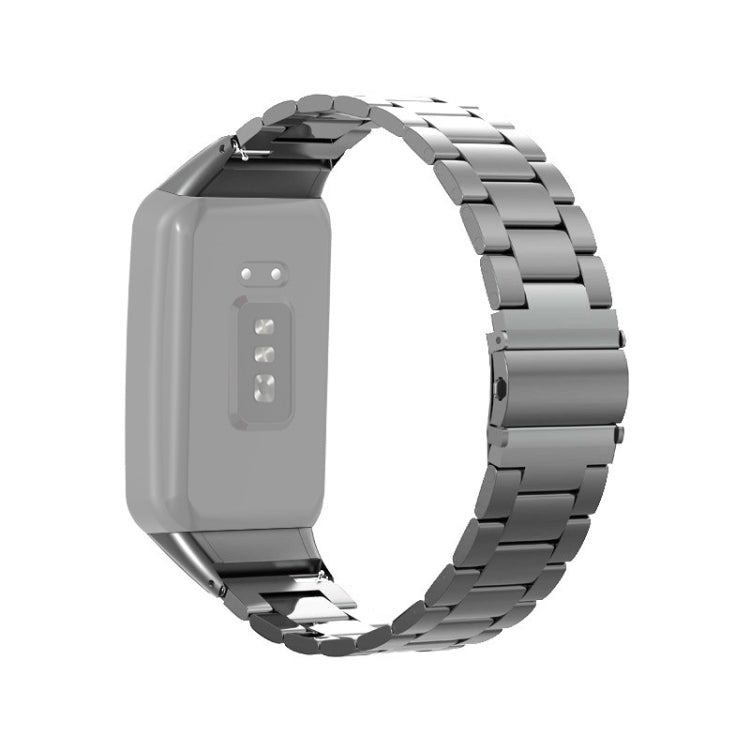 Silver stainless steel three-bead watchband on gray smartwatch case, shiny metal links