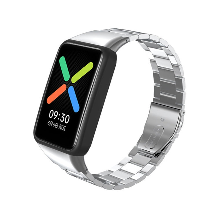 Silver stainless steel three-bead watchband on black smartwatch, color app display