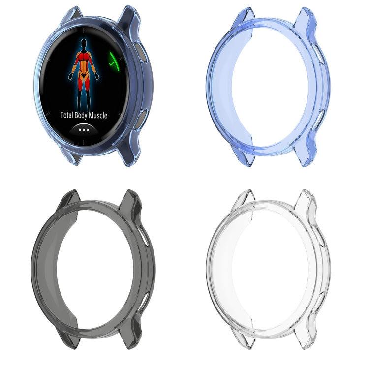 Assorted TPU half-coverage watch cases: blue, gray, and clear with raised side guards