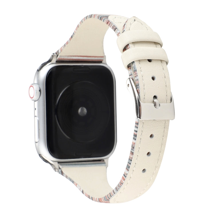 White genuine leather watch band with striped edging and metal buckle for Apple Watch