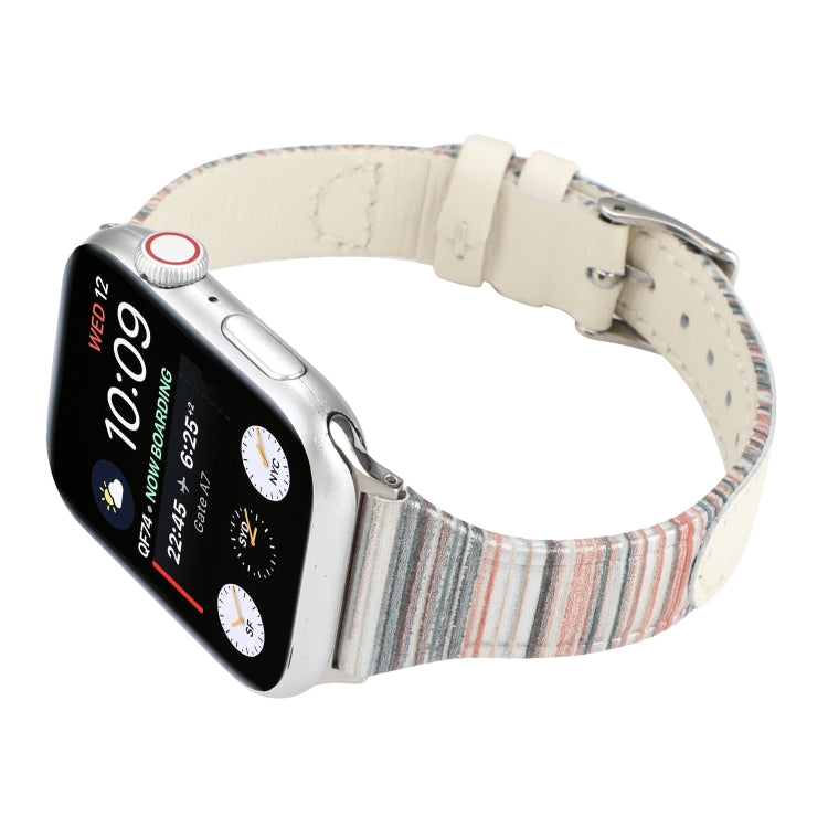 White genuine leather watch band with striped stitched lining and metal clasp hardware