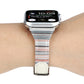 White genuine leather watch band with striped fabric underside and buckle on wrist