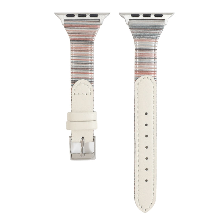 Pair of white genuine leather watch bands with striped end panels and metal buckles