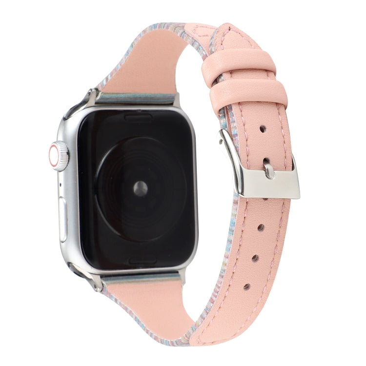 Pink genuine leather watch band with striped edging and metal buckle for Apple Watch