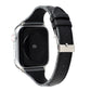 Black genuine leather watch band with striped fabric lining and metal buckle for Apple Watch