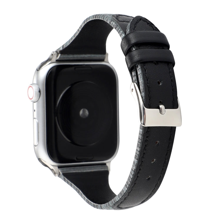 Genuine leather watch band, black with contrast stitching and silver buckle