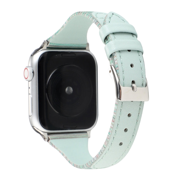 Genuine leather watch band, pale blue-green with contrast stitching and silver buckle