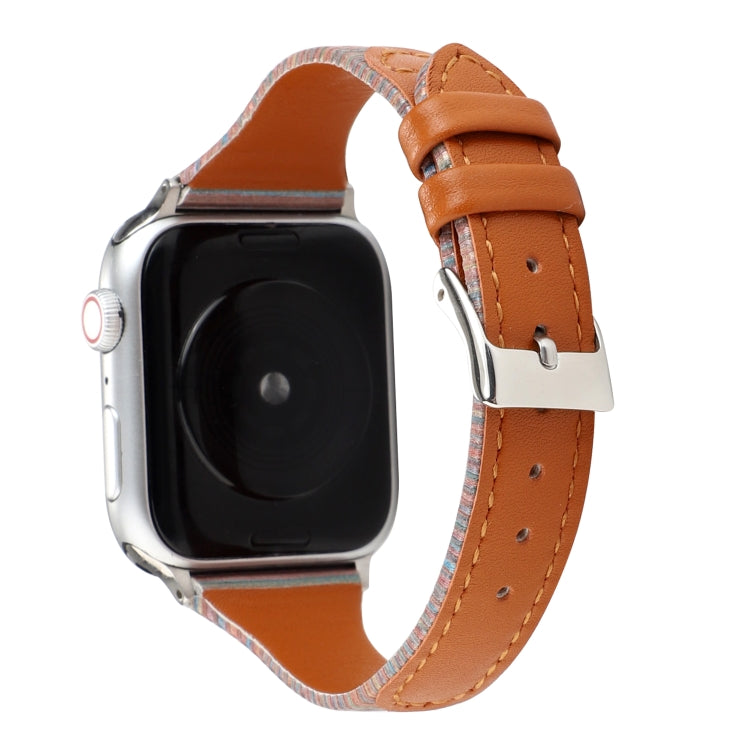 Genuine leather watch band, warm brown with contrast stitching and silver buckle