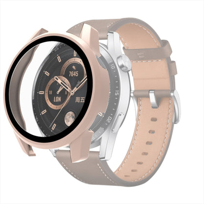 Protective smartwatch case with tempered glass cover; rose gold bezel and tan leather strap