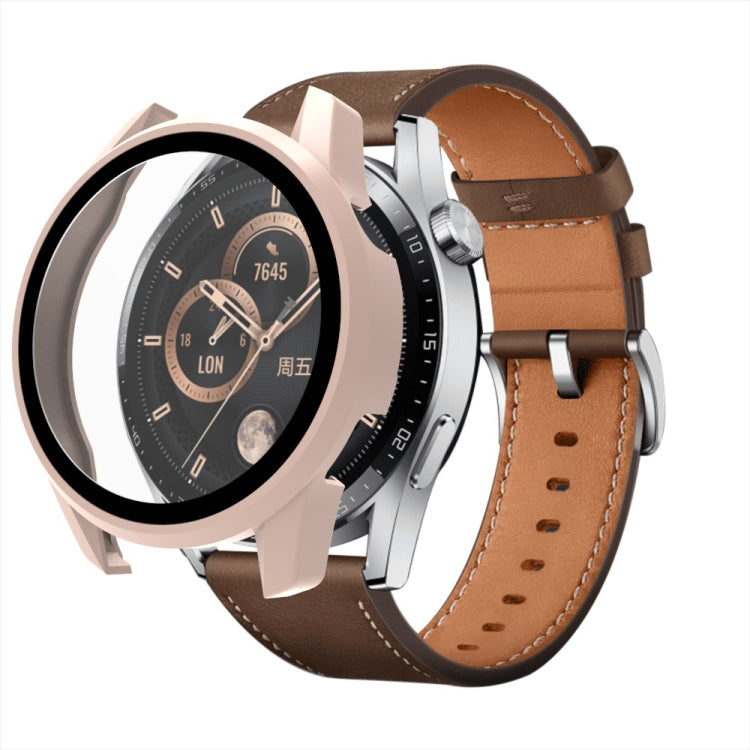 Protective smartwatch case with tempered glass cover; champagne bezel and brown leather strap