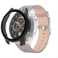 Tempered glass watch case with black frame and clear screen cover, beige leather strap