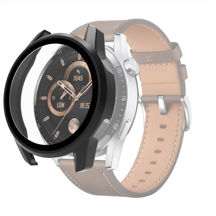 Tempered glass watch case with black frame and clear screen cover, beige leather strap