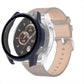 Protective smartwatch case with tempered glass cover; navy bezel and tan leather strap