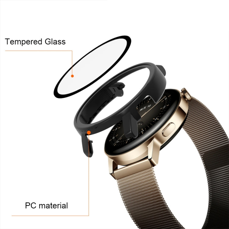 Tempered glass protective watch case on black PC frame; compatible with metal smartwatch