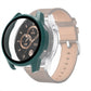 Tempered glass watch case with dark-green frame and clear screen cover, leather strap