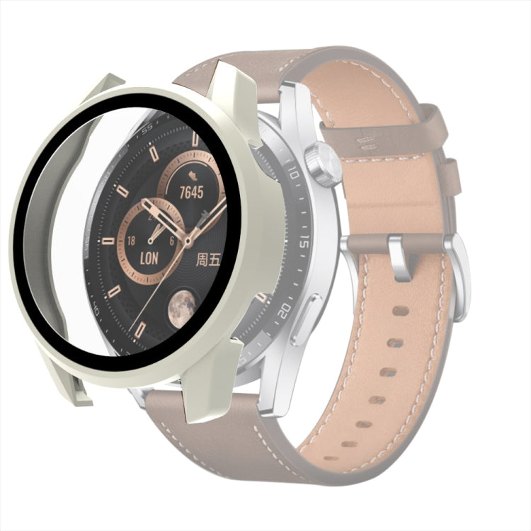 Tempered glass watch case with creamy-white frame and clear screen cover, beige leather strap