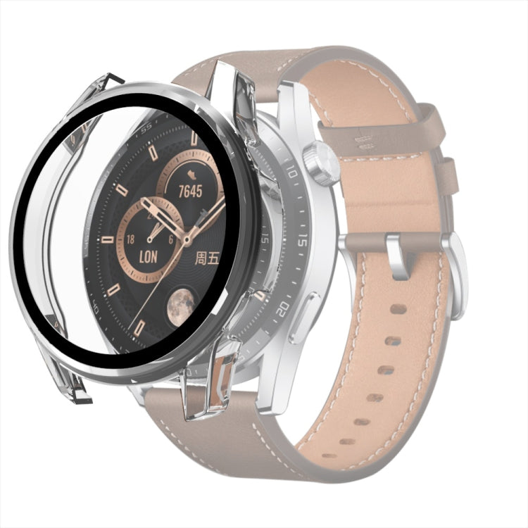 Protective smartwatch case with tempered glass cover; silver bezel and tan leather strap