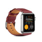 Red-brown leather Apple Watch band with metal clasp and contrast stitching detail