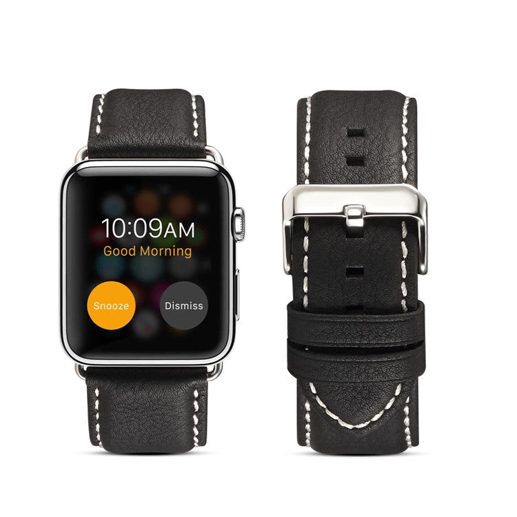Genuine leather watchband in black with stitched edges and metal buckle clasp