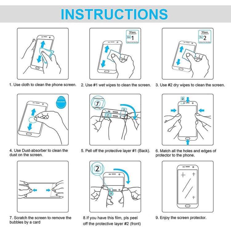 Tempered glass screen protector installation guide with cleaning wipes and alignment steps