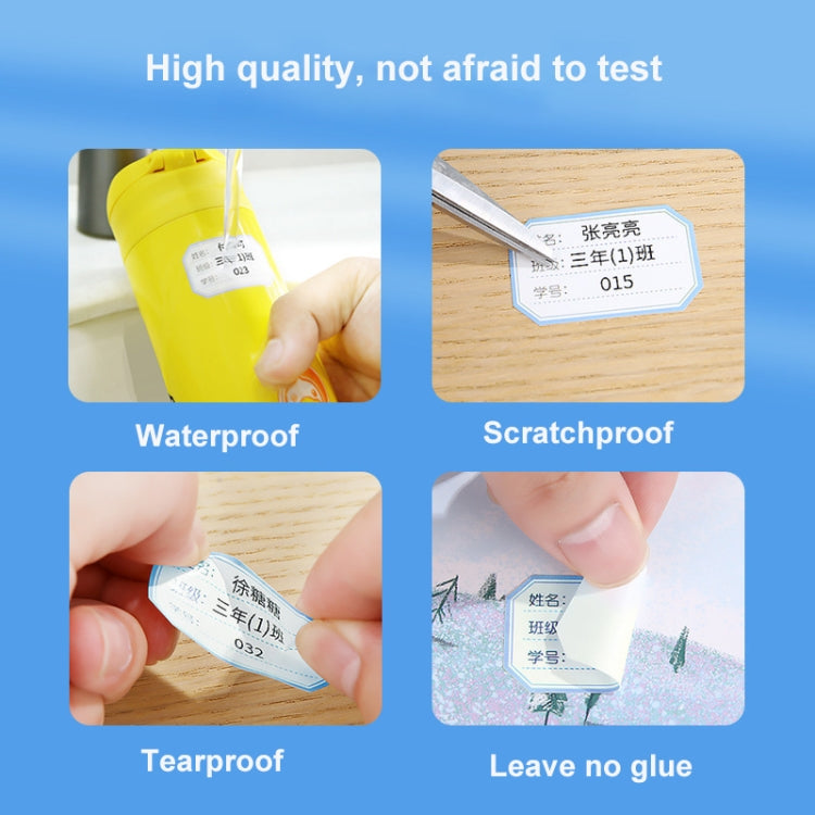 Printed thermal label samples labeled waterproof, scratchproof, tearproof, and no glue