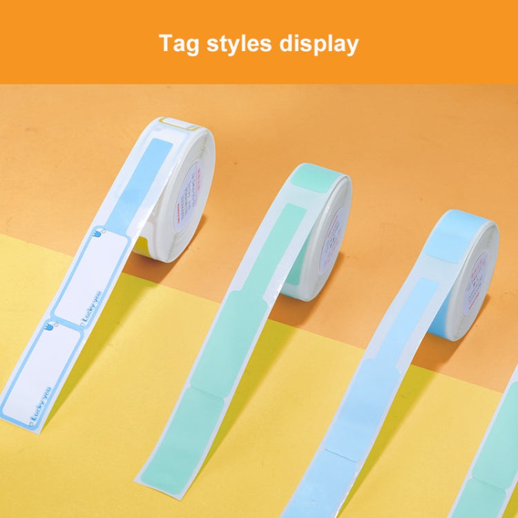 Thermal label sticker rolls with blank light-blue strips for tag-style cable labeling