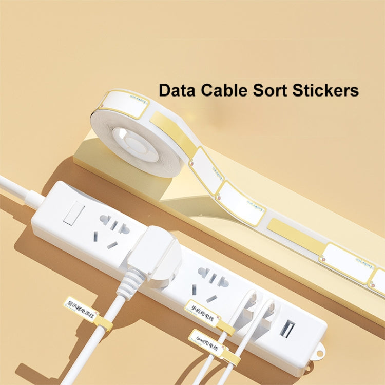 White cable label stickers arranged on a label sorter with printed blank label strip