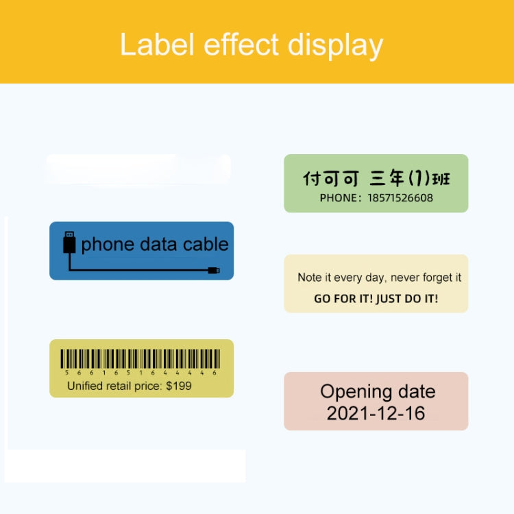 Thermal label stickers showing printed barcode, phone text, and date