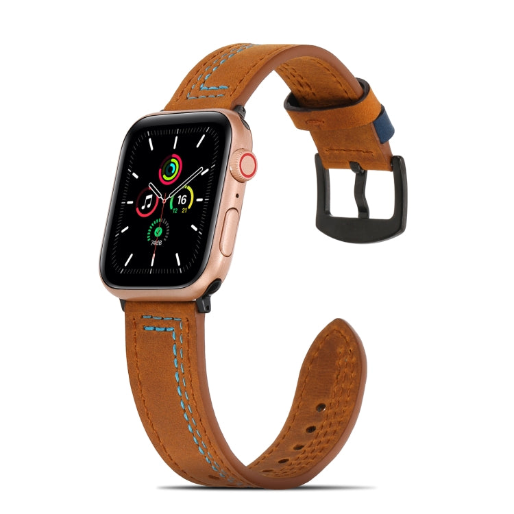 Brown matte leather watch band with blue stitching and loop buckle