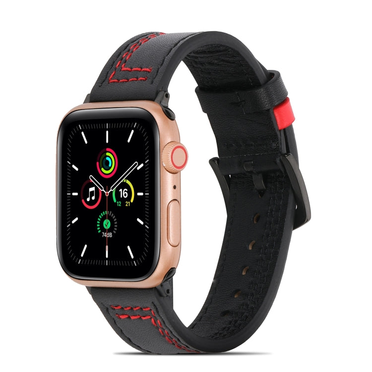 Black matte leather watch band with red stitching and red accent keeper