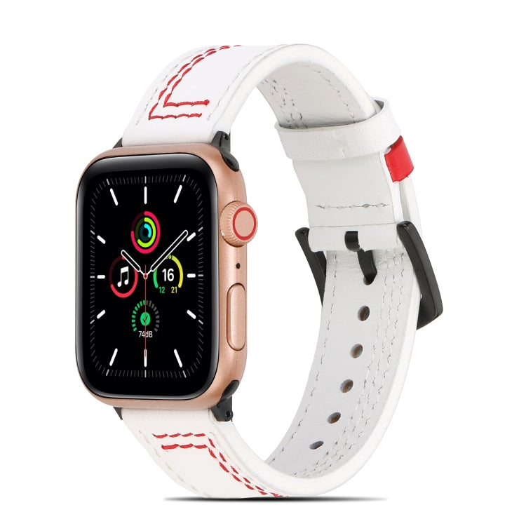 White matte leather watch band with red stitching and perforated strap