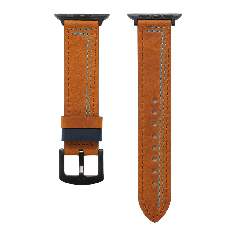 Brown matte leather watch band with blue edge, perforations, and metal buckle