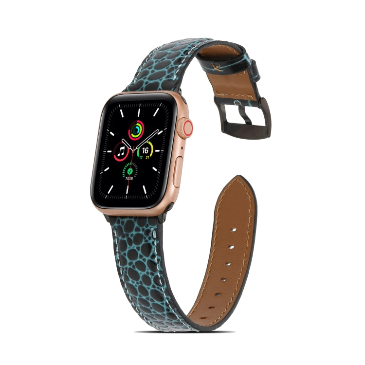Crocodile-texture leather watch band, blue with tan buckle and stitched holes.
