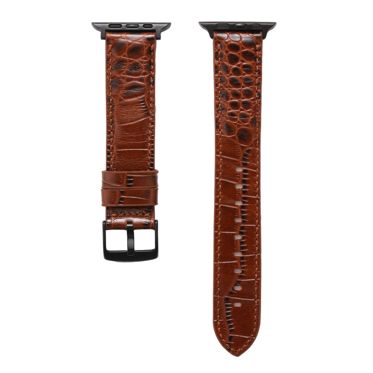 Crocodile-texture leather watch band, brown, shown front and side with buckle.