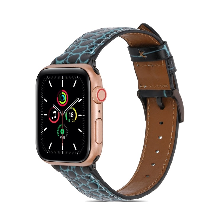 Crocodile-texture leather watch band, blue with tan buckle and stitched holes.
