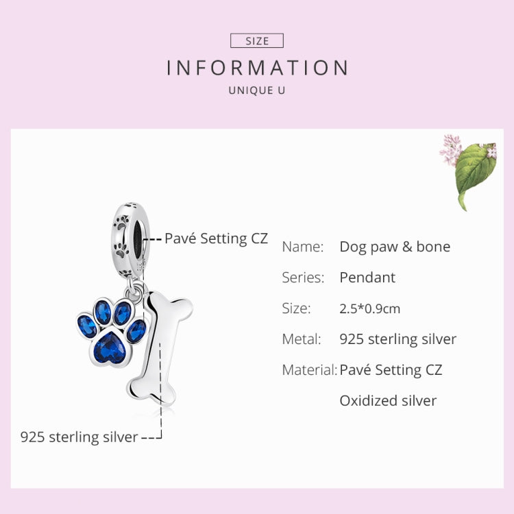 Dog paw and bone pendant charm with blue CZ stones on silver bail
