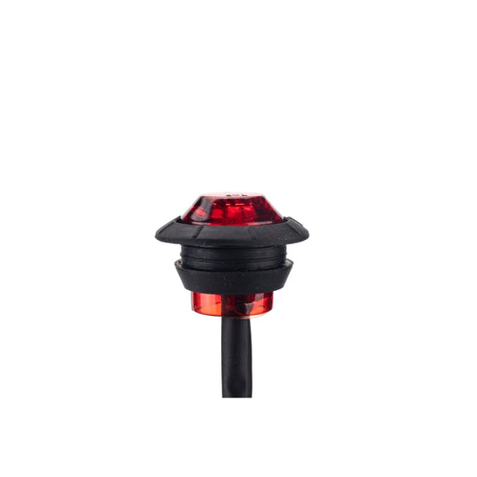Red LED round side marker lamp with black bezel and snap mount, visible wire leads