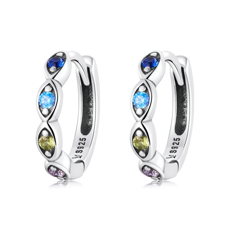 Sterling silver hoop earrings with blue, light blue, green and purple zircon stones