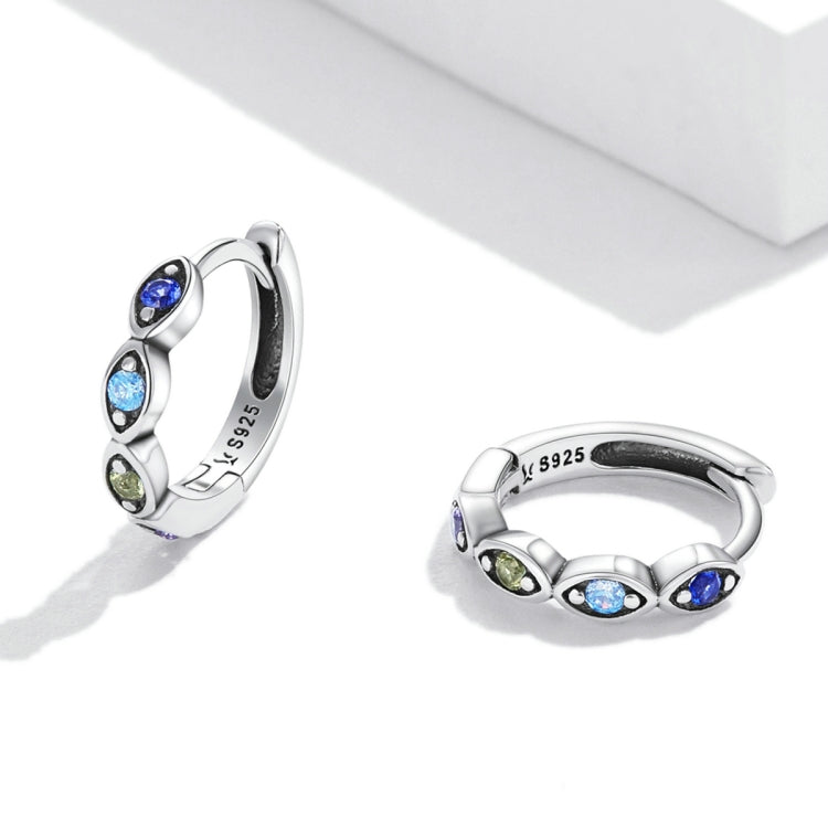 Sterling silver hoop earrings with multicolor oval zircon stones along the rim