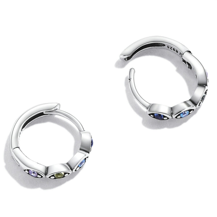 Sterling silver huggie hoop earrings with blue and green zircon in oval settings