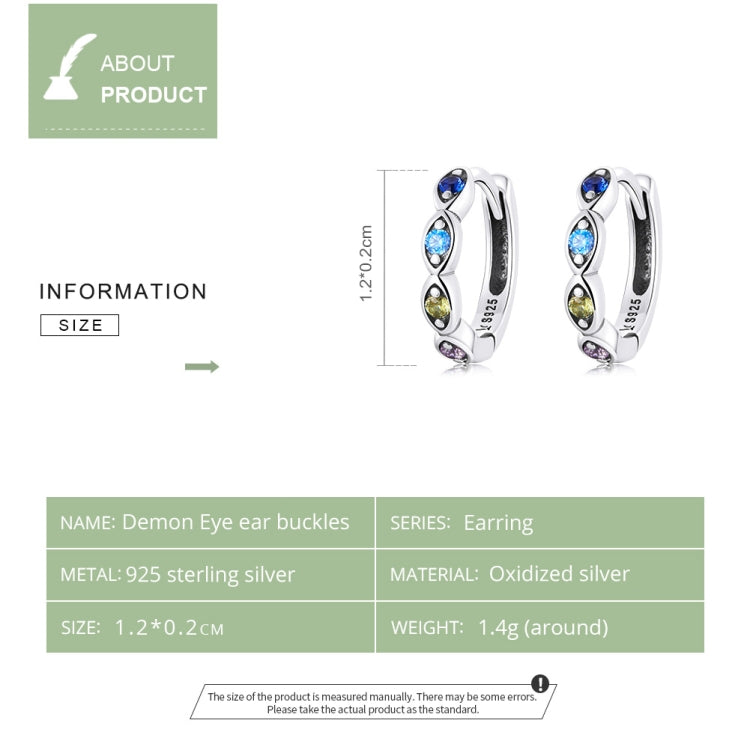 Pair of sterling silver devil-eye hoop earrings with multicolor zircon stones