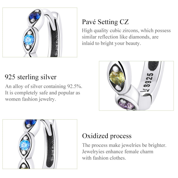 Sterling silver devil-eye hoop earring with blue and green zircon stone cluster
