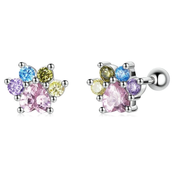 Color zircon claw ear stud earrings, pink center with blue, green, and purple stones