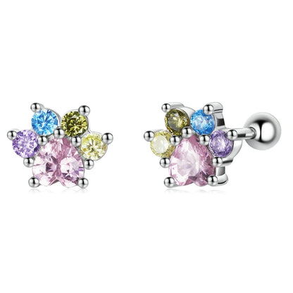 Color zircon claw ear stud earrings, pink center with blue, green, and purple stones