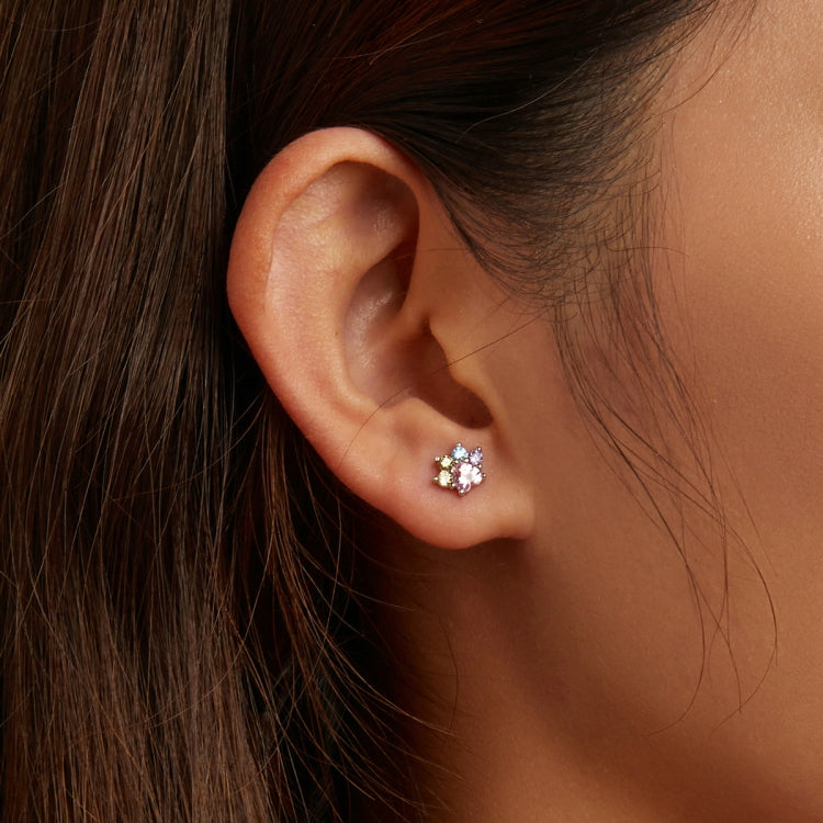 Tiny zircon cluster ear stud with pink center and blue sparkle stones, silver-tone